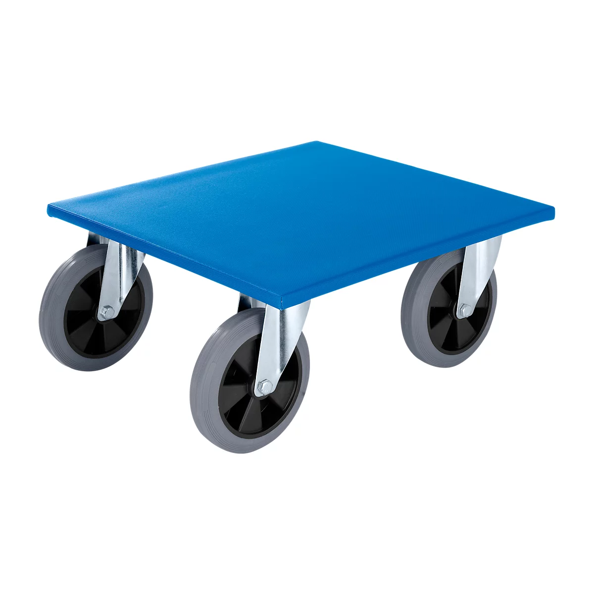 Blue platform cart with four grey wheels.
