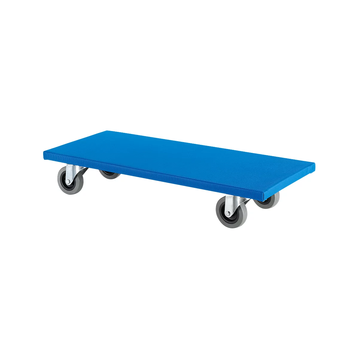 Blue transport board with four grey wheels. Rectangular shape.