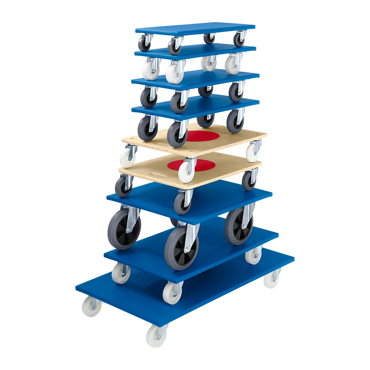 Several blue and beige rolling boards, stacked. The bottom boards have gray wheels, the top ones white.