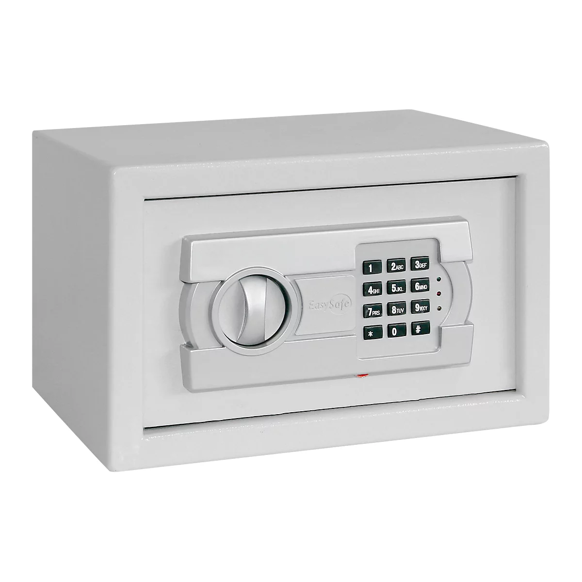 White safe with number pad and turn handle.