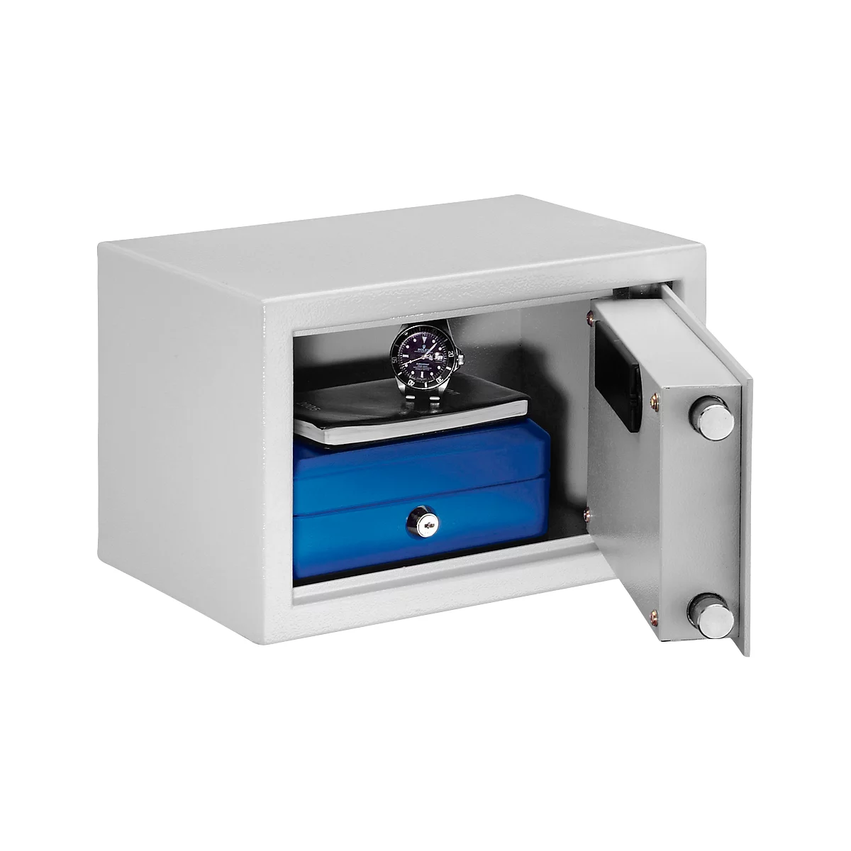Grey safe with open door. Inside are a watch, a jewelry box and a notebook.