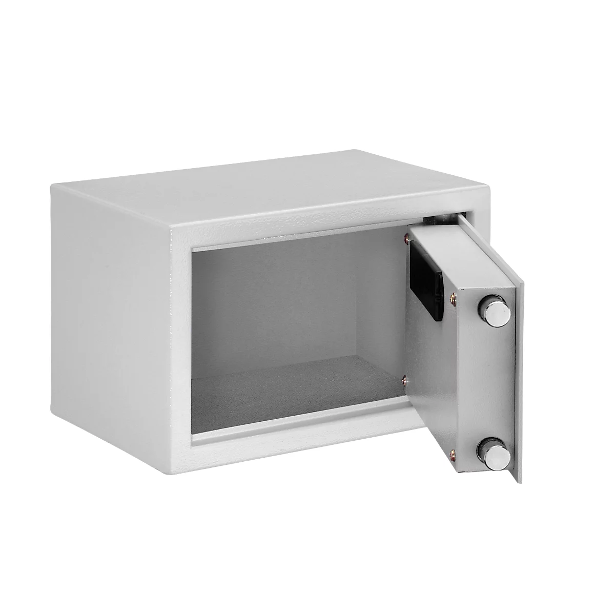 Gray, open cash box with two rotating knobs on the open door part.