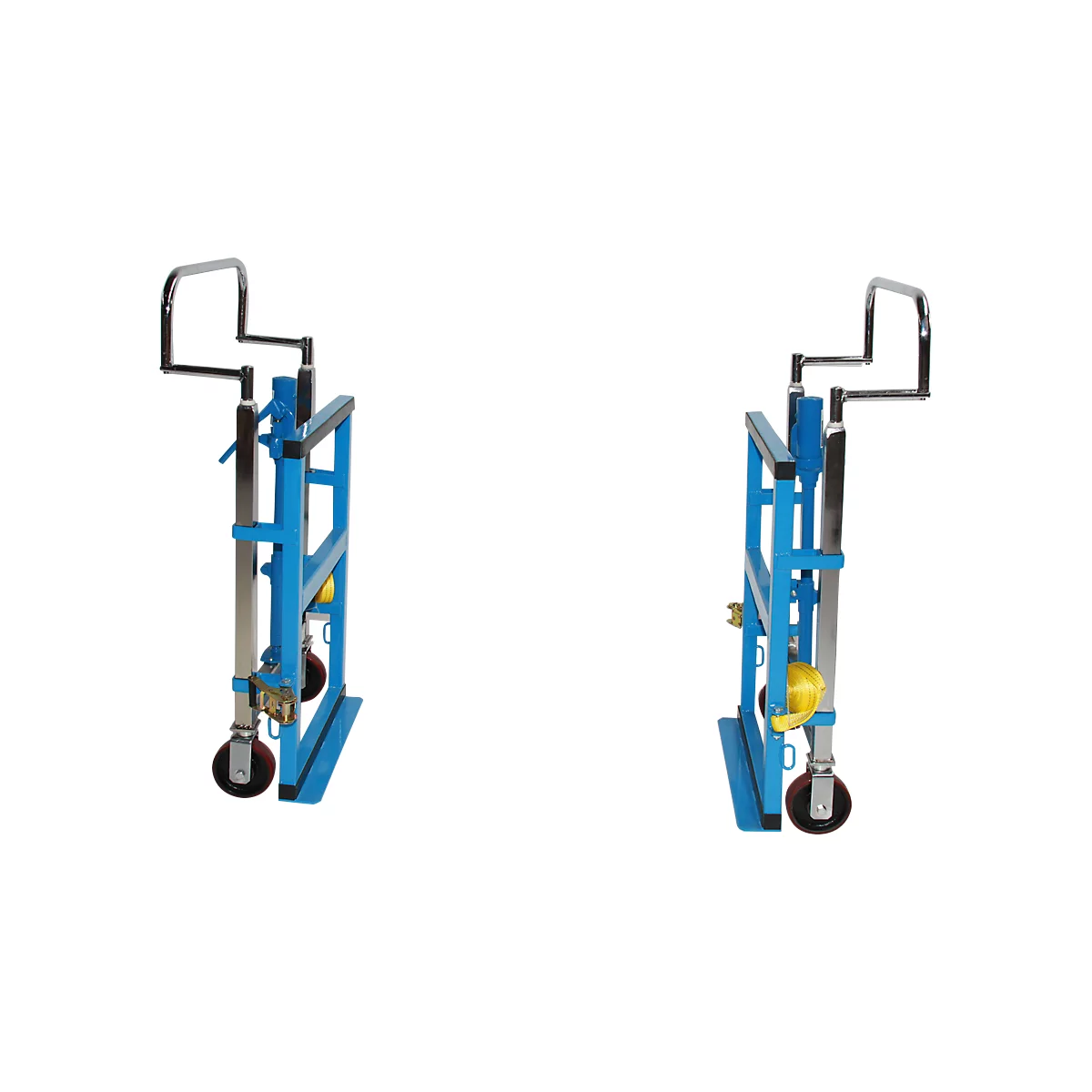 Two blue and silver hand trucks stand side by side. The handle is chrome. The carts have wheels.