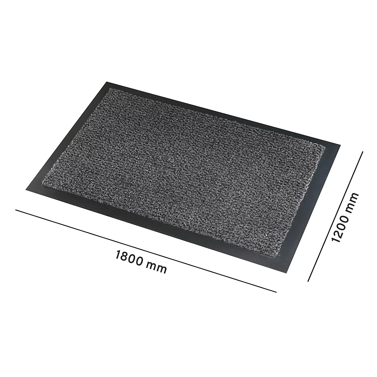 Graue Schmutzfangmatte mit schwarzem Rahmen. Abmessungen: 1800 mm x 1200 mm.