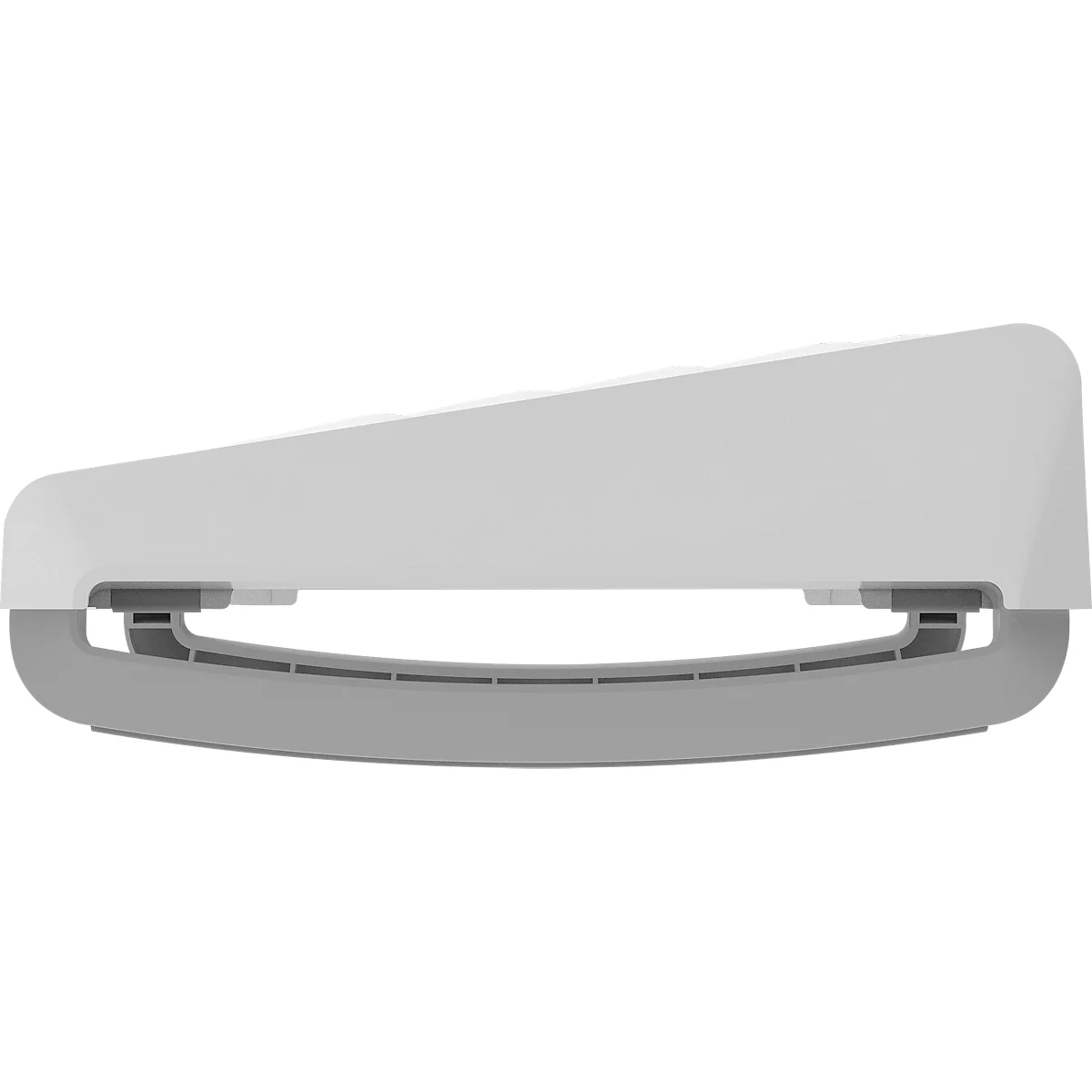 Graues, ergonomisches Gerät mit leicht gebogener Form, auf einer grauen Basis stehend. Es sieht modern aus.
