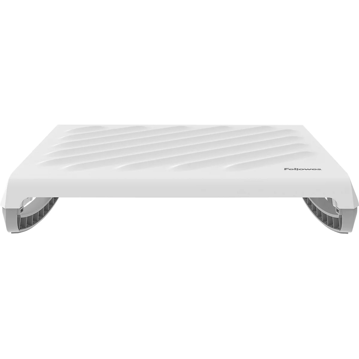 Weißer Laptopständer mit Rippenmuster, grauen Füßen und Firmenlogo.