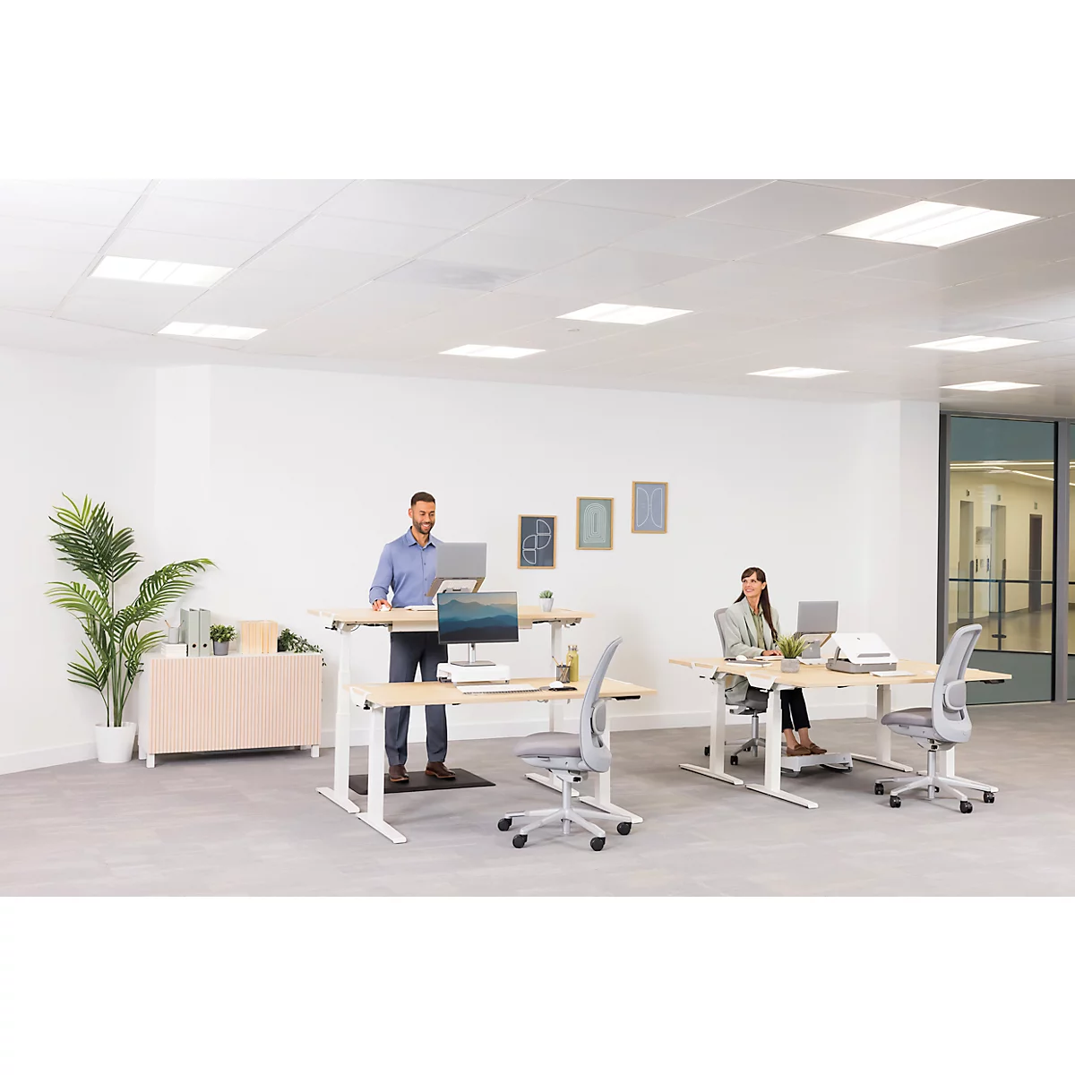 Büro mit zwei höhenverstellbaren Schreibtischen. Eine Person steht, eine sitzt. Beide arbeiten an Laptops. Graue Bürostühle.