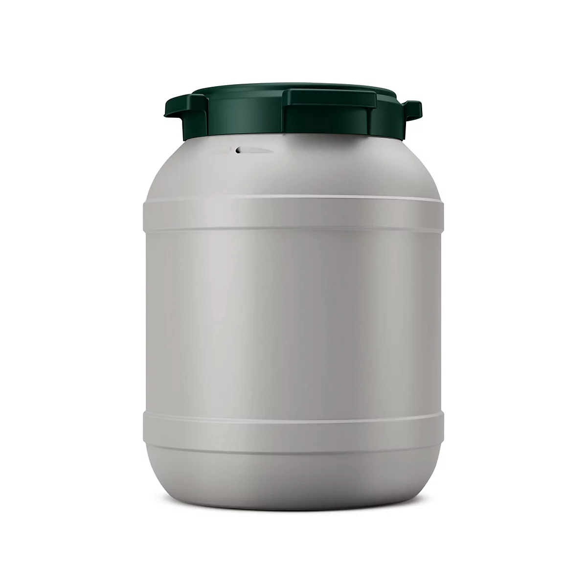 Récipient rond gris avec couvercle vert. Sur fond blanc.