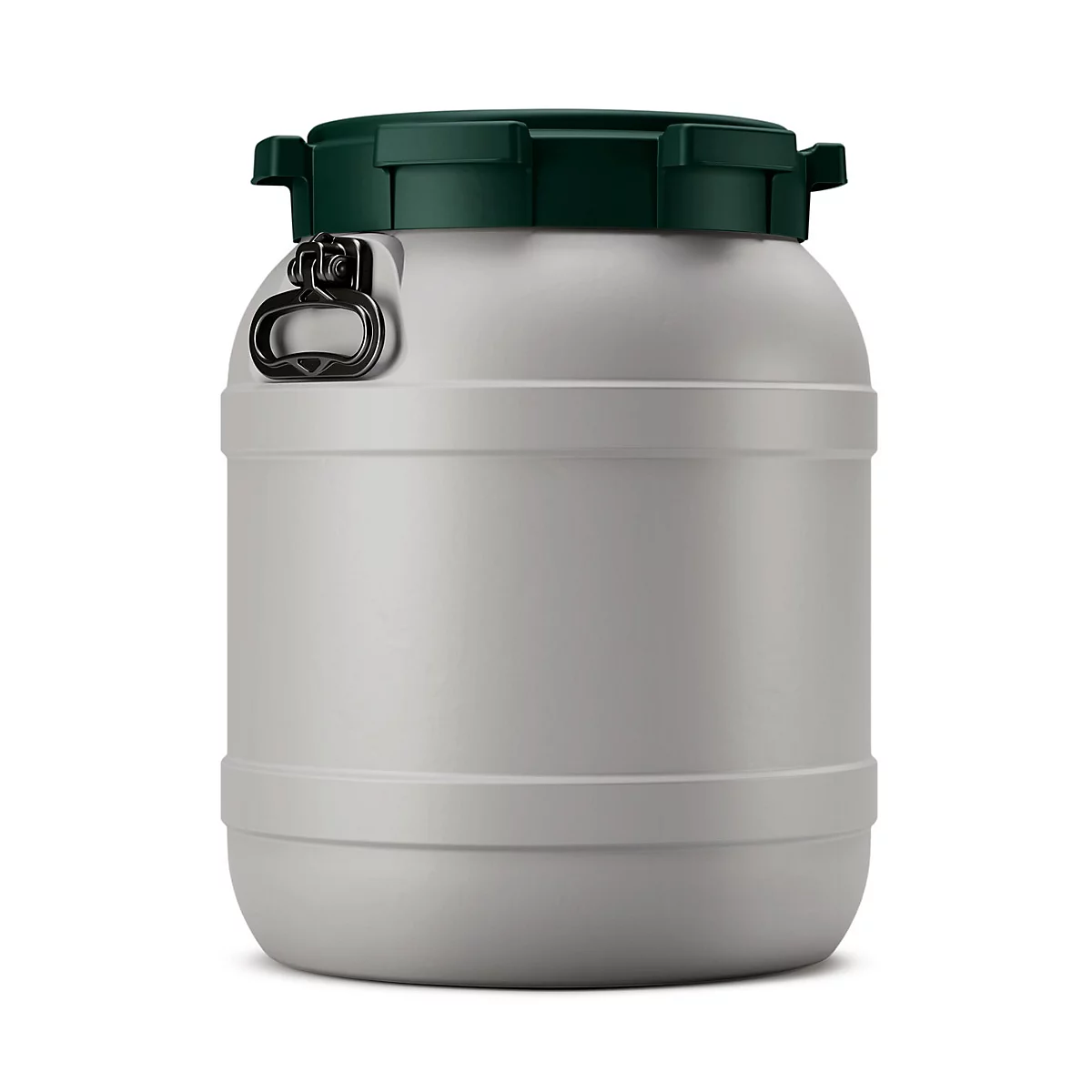 Conteneur en forme de baril rond gris avec couvercle et poignée vert foncé. Sur fond blanc.