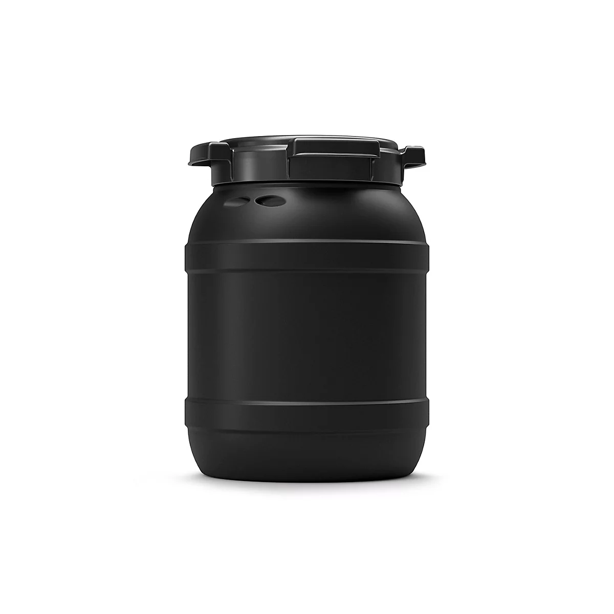 Conteneur cylindrique noir avec couvercle sur fond blanc.