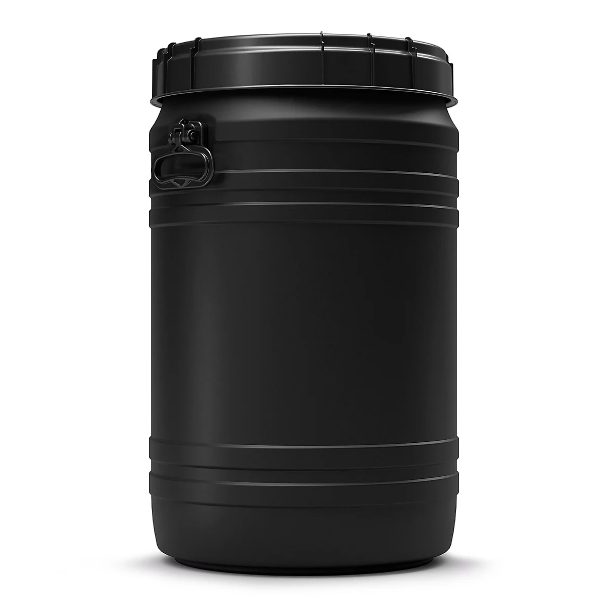 Baril en plastique noir avec couvercle et fermeture à pression.