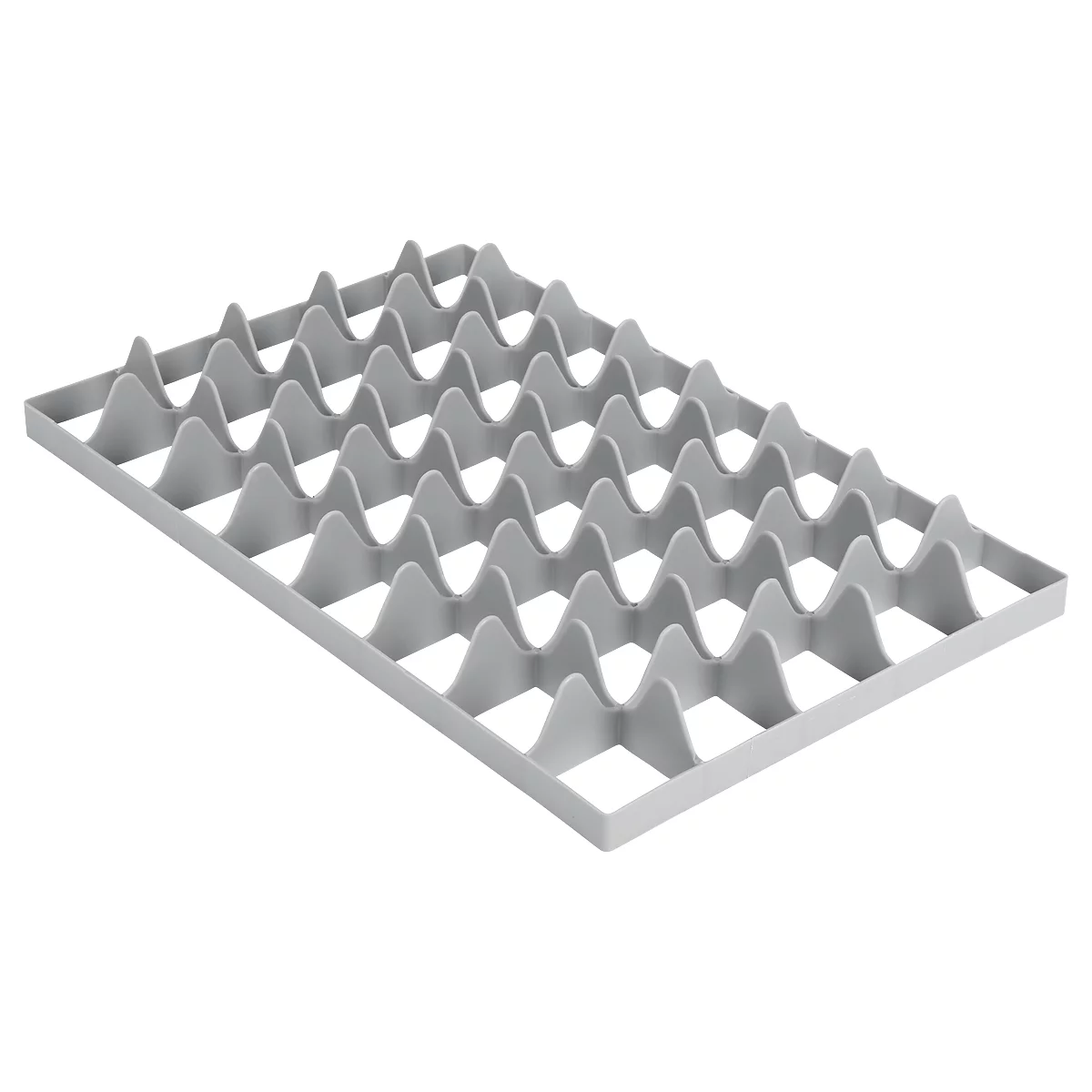 Gray plastic grid with wavy struts, rectangular.