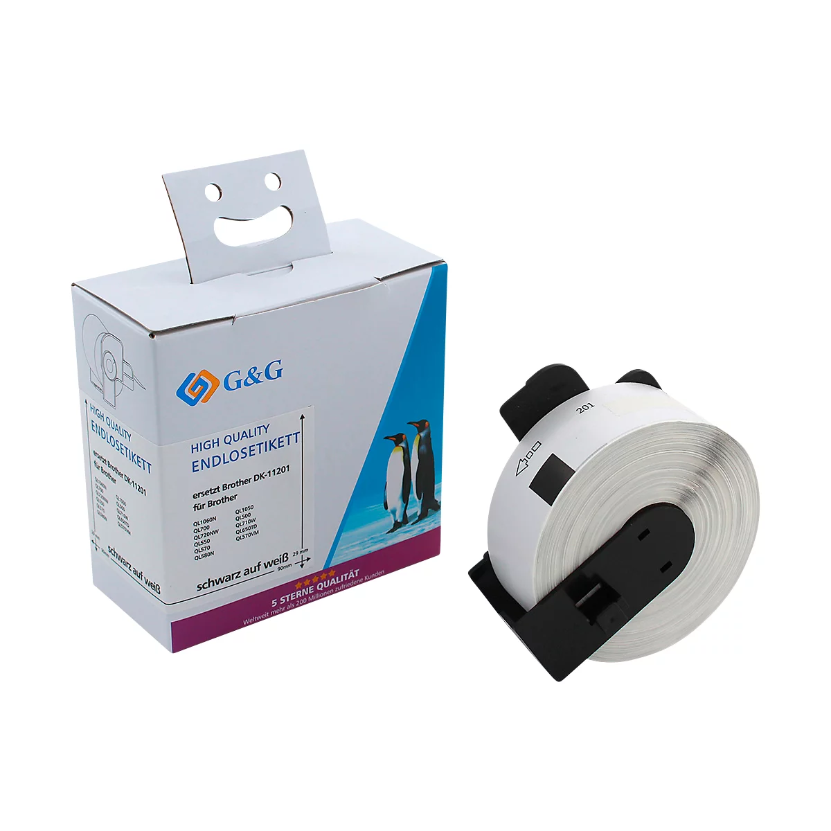 Witte verpakking met een etiketrol, tekst "G&G High Quality Endlosetikett" en een pinguïnillustratie.