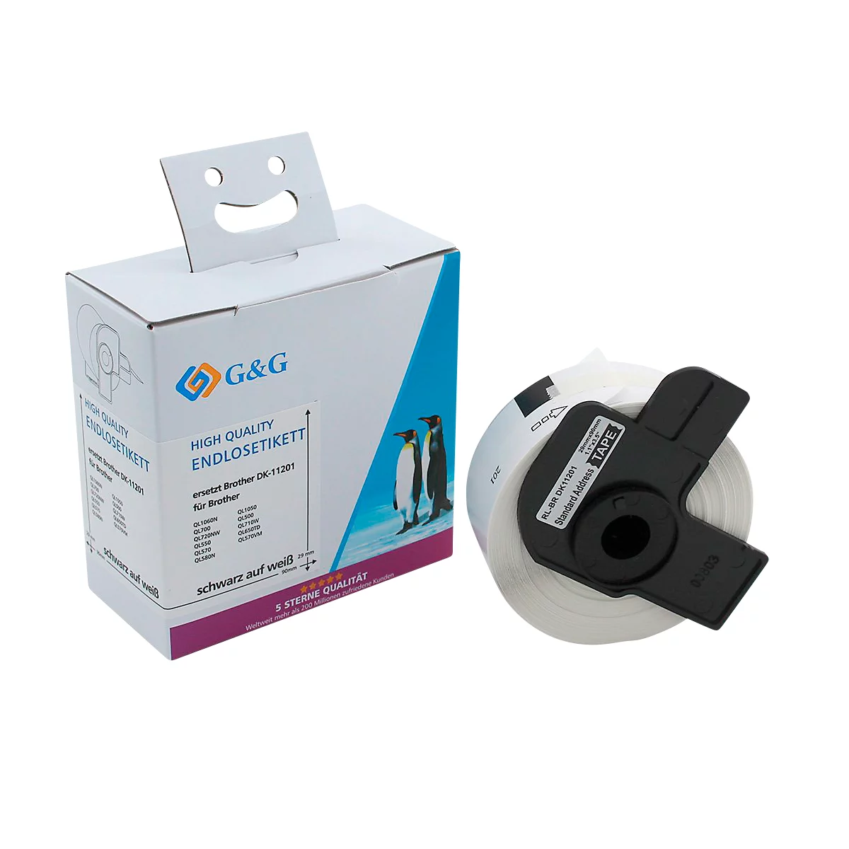 Een open doos met etiketten en een rol etikettentape ernaast. Er is een pinguïnmotief te zien op de doos.