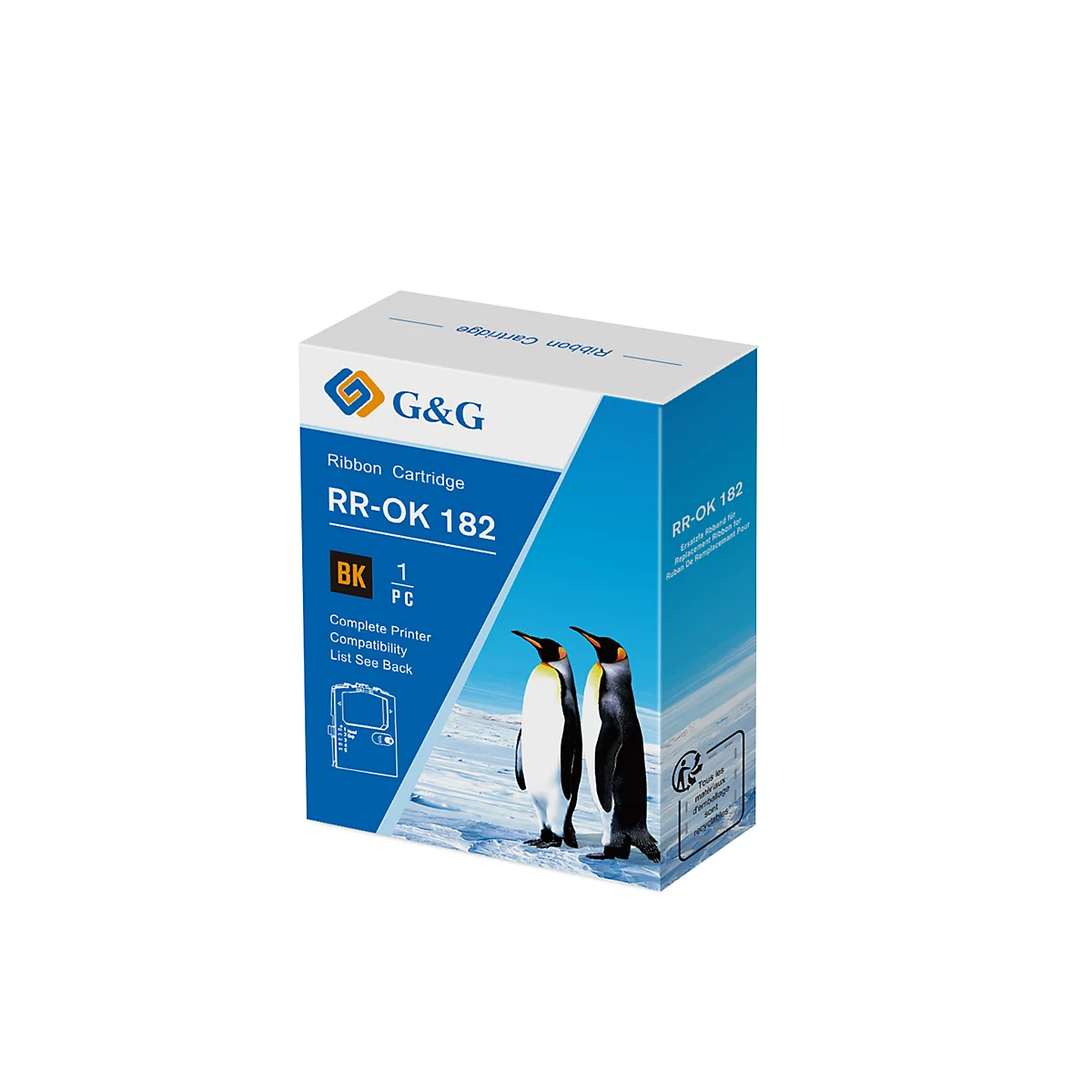 Een inktcartridge met het opschrift "RR-OK 182". Pinguïns zijn afgebeeld.