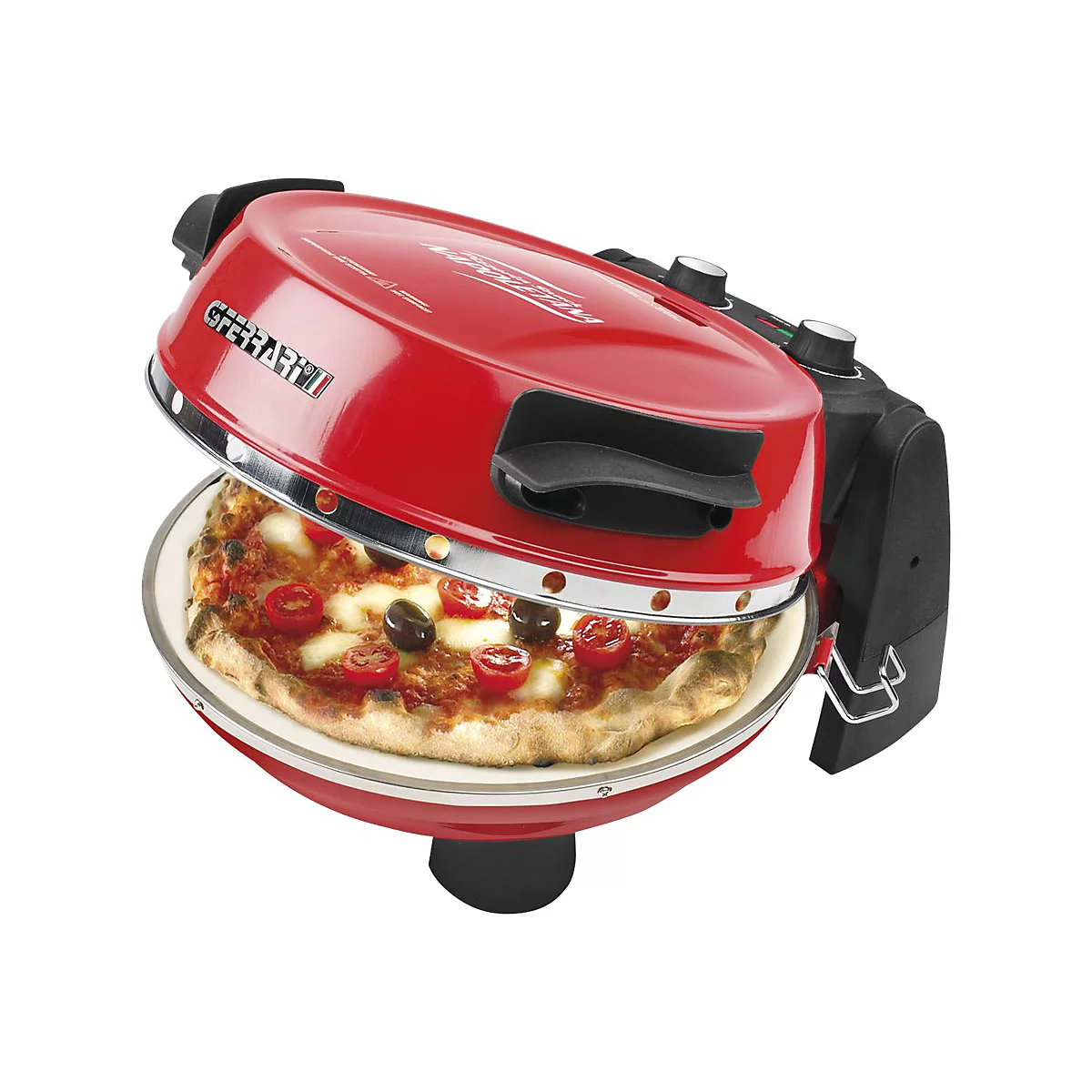 Roter G3Ferrari Pizzaofen mit geöffnetem Deckel, darin eine frisch gebackene Pizza mit Tomaten und Oliven.