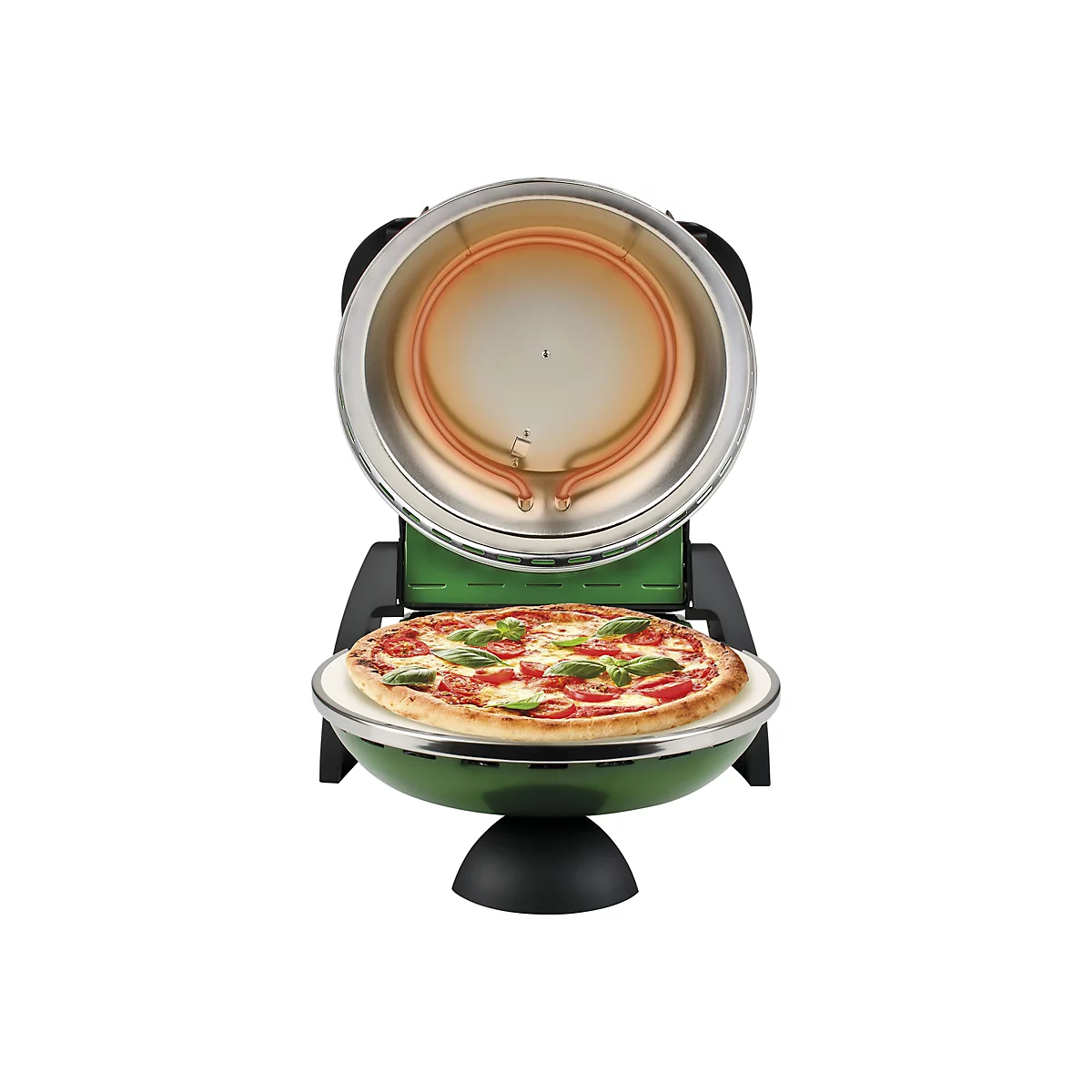 Grüner Pizzaofen mit geöffnetem Deckel, in dem eine frisch gebackene Pizza auf einem Pizzastein liegt.
