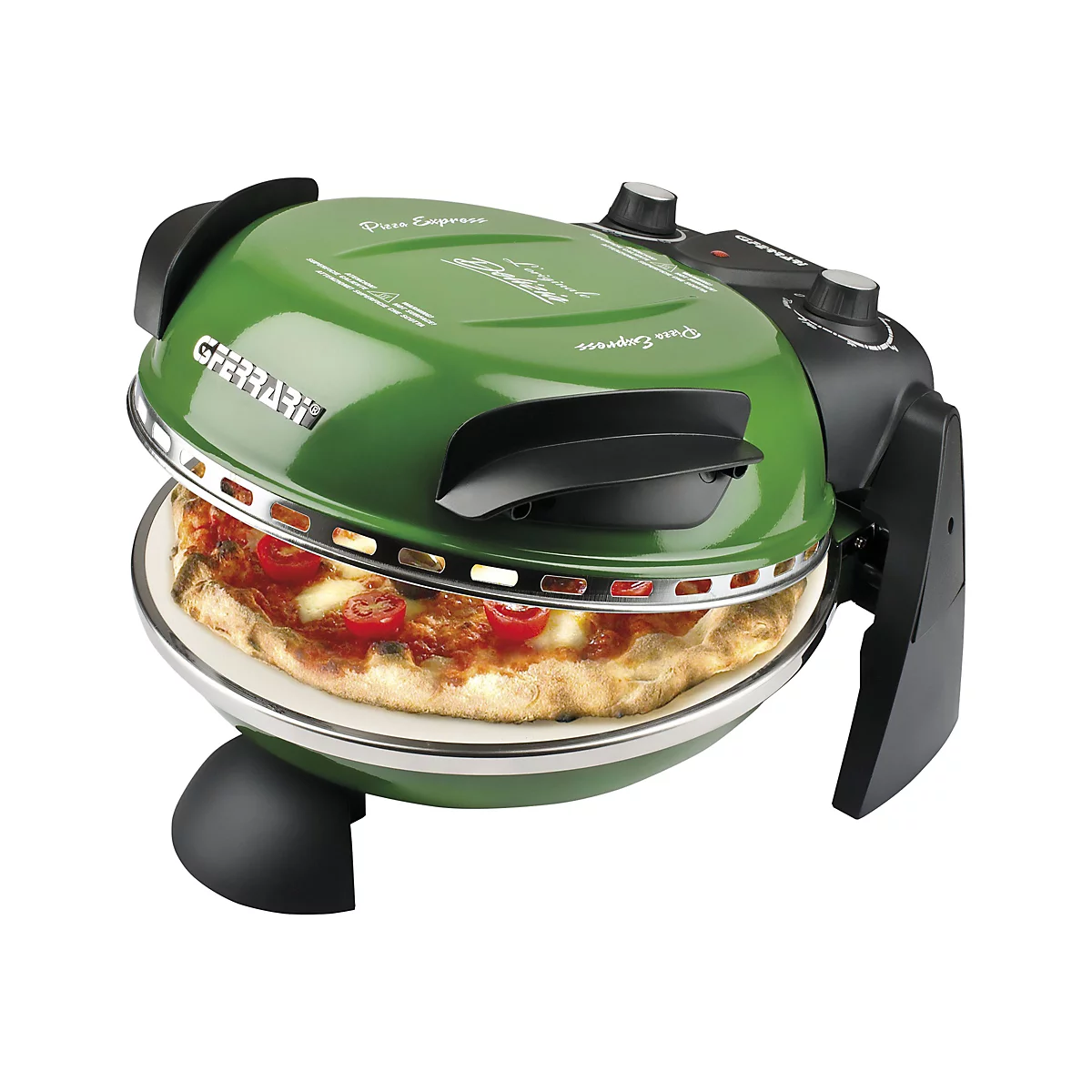 Grüner G3 Ferrari Pizzaofen mit einer frischen Pizza auf dem Steinbackblech vor weißem Hintergrund.
