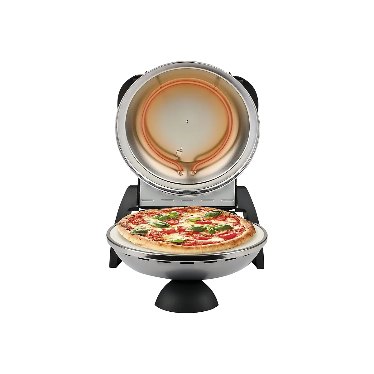 Elektrischer Pizzaofen mit geöffnetem Deckel, innen glühendes Heizelement, auf dem Stein liegt eine Pizza Margherita.