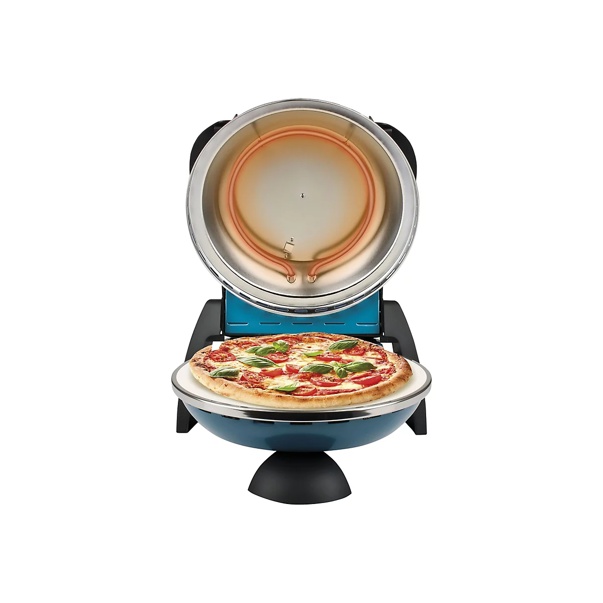 Blauer Pizzaofen mit geöffnetem Deckel, in dem eine Pizza auf einem Stein backt.