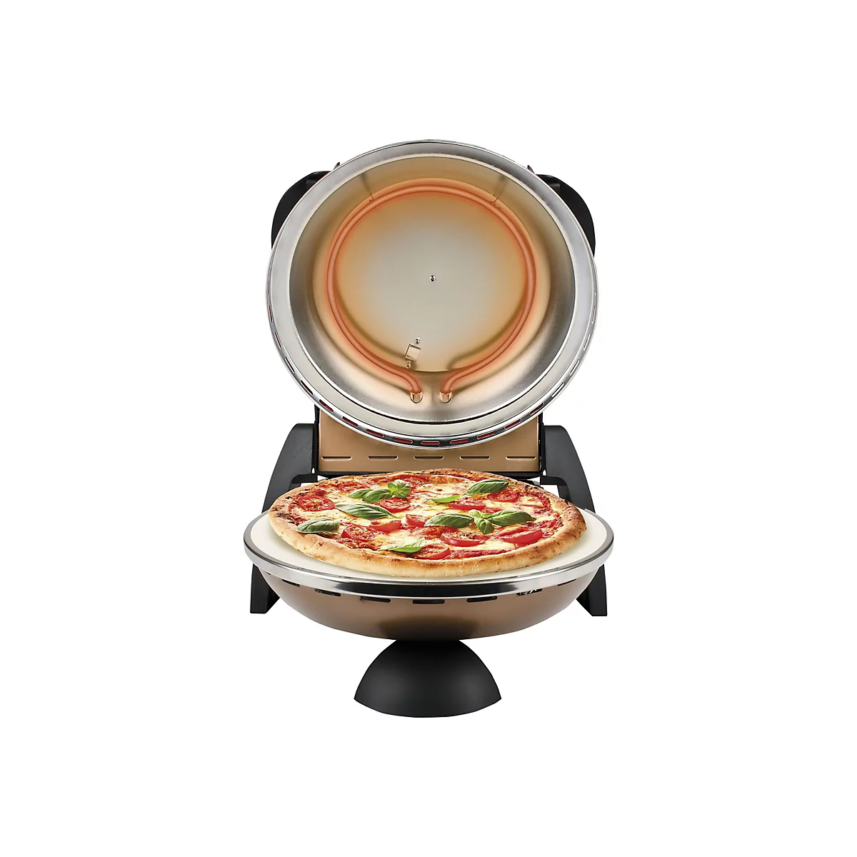 Geöffneter elektrischer Pizzaofen mit einer frisch belegten Pizza auf dem Stein.