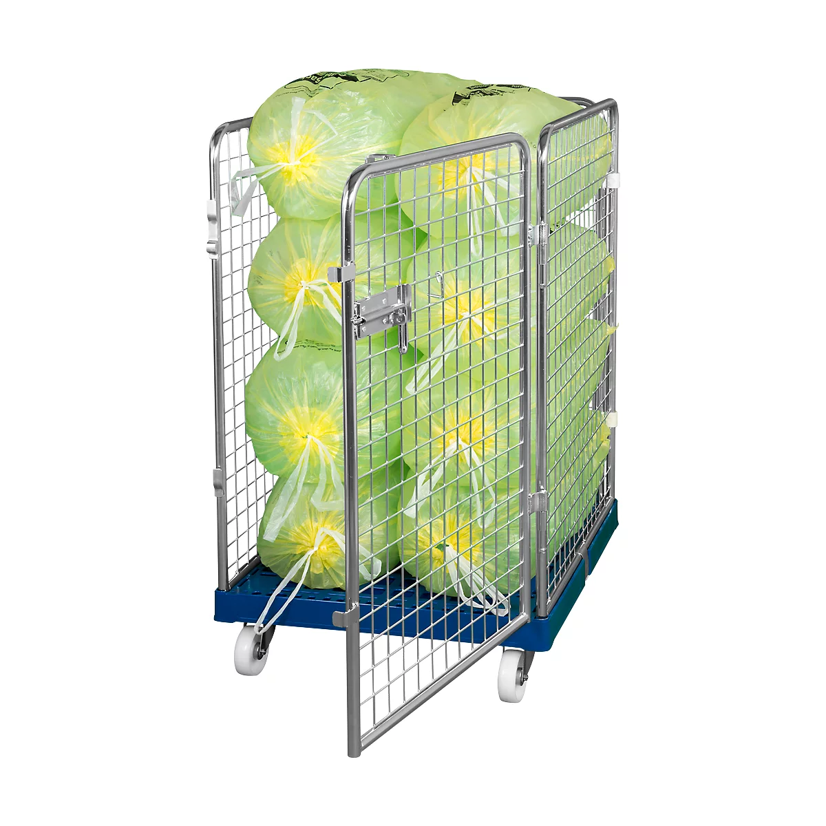 Gaascontainer 4-zijdig, 1020 bruikbare hoogte op kunststof rolcontainer, gentiaanblauw RAL5010
