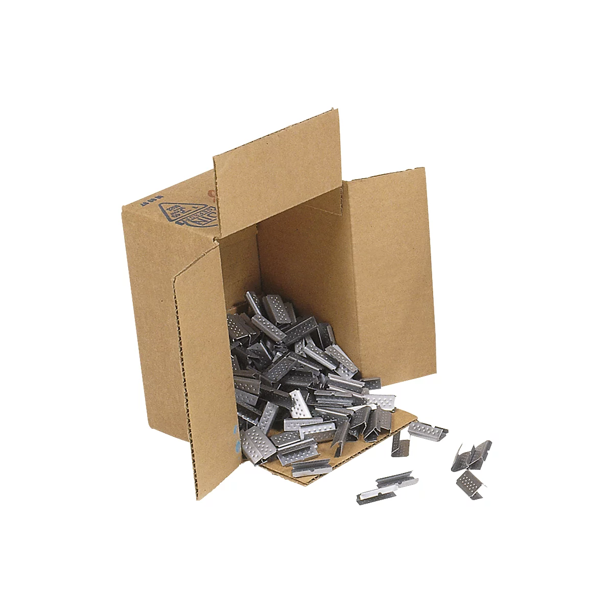 An open cardboard box filled with metal staples. Some staples are outside the box.