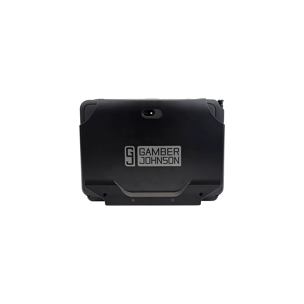 Schwarzes Tablet mit Logo "GAMBER JOHNSON" und Kamera. Rückansicht, Detailansicht.