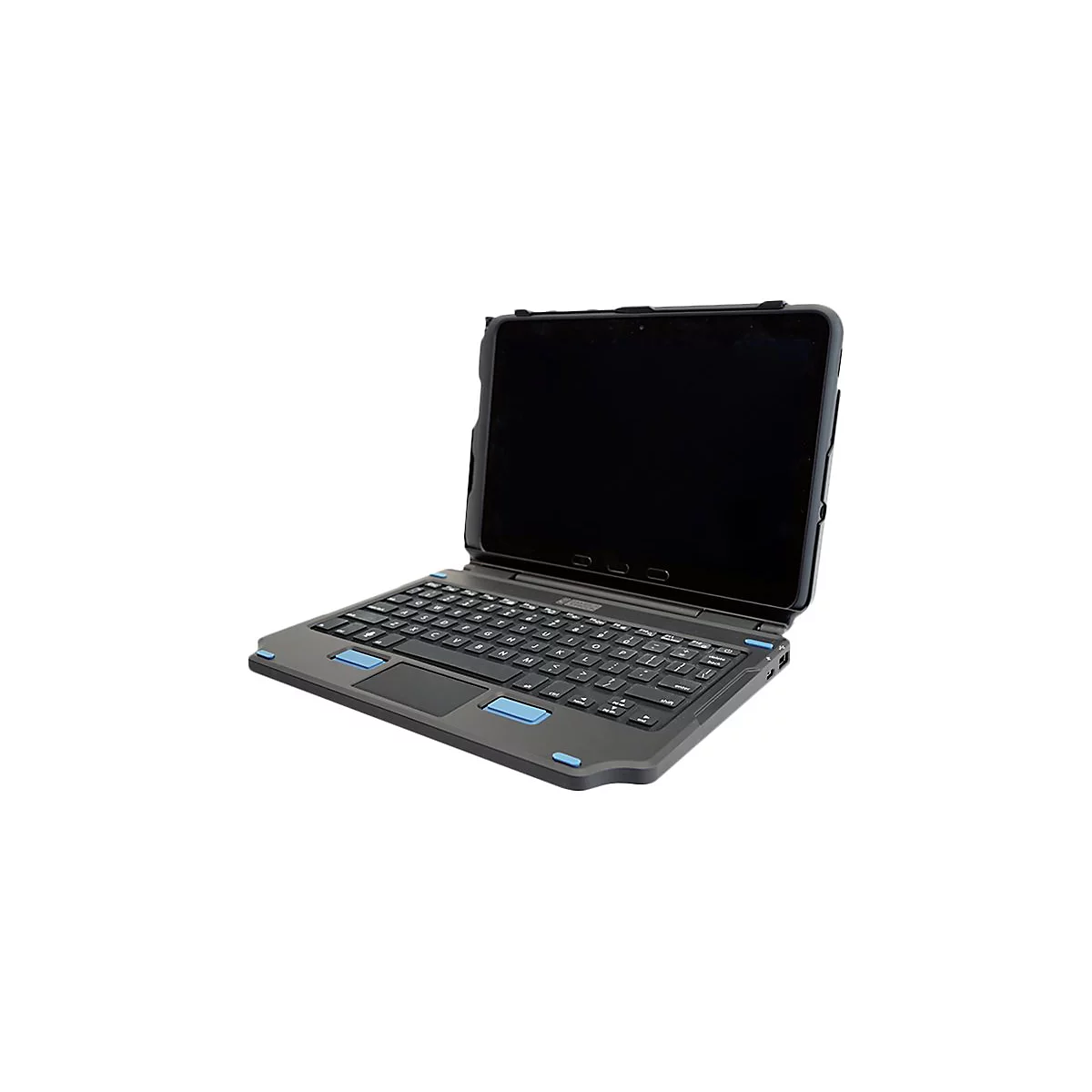 Dunkelgraues Tablet mit integrierter Tastatur, blau hervorgehobene Tasten und Trackpad.
