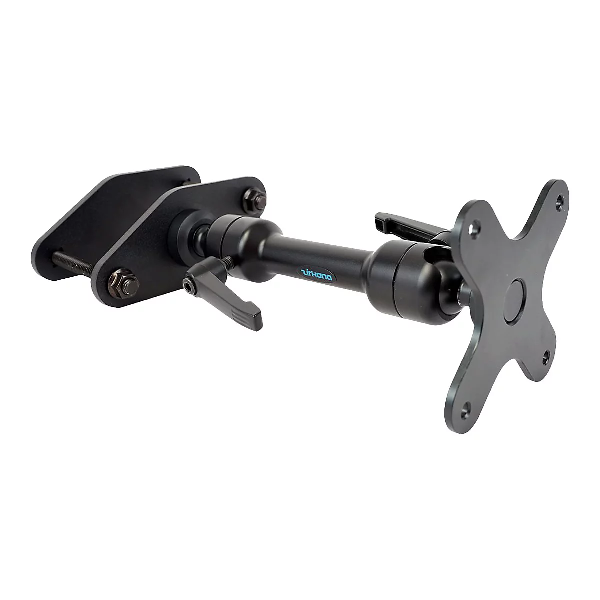 Support de moniteur noir sur fond blanc. Fabriqué en métal avec des vis et un mécanisme pivotant.