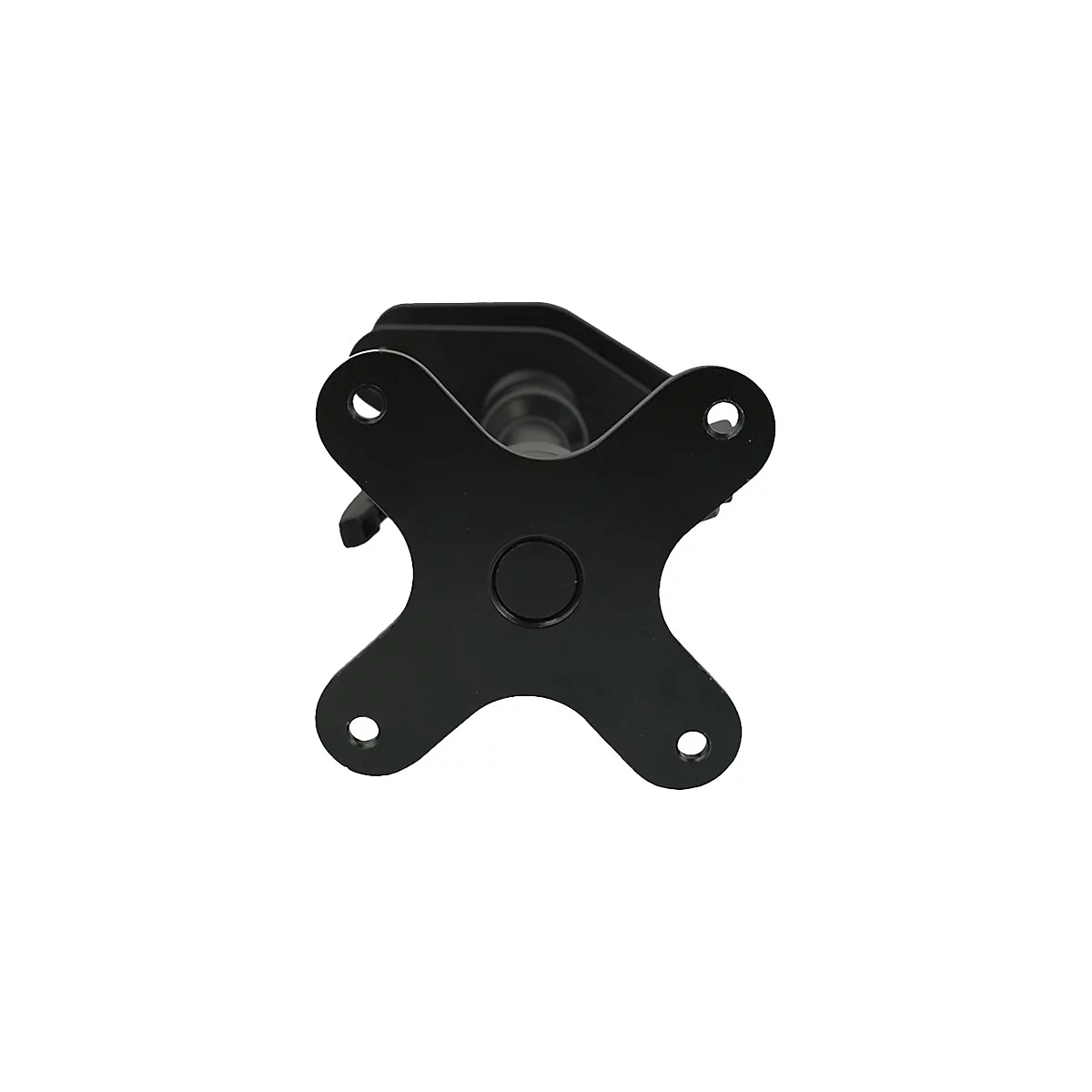 Support noir avec quatre trous, un trou central et une goupille. Sur fond blanc.