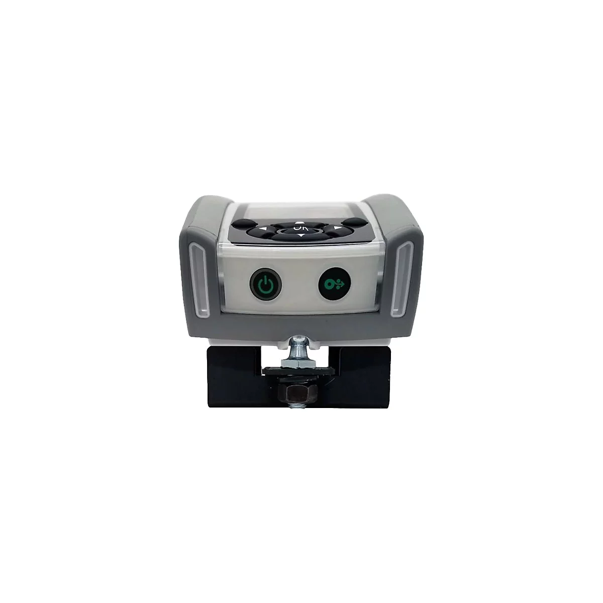 Appareil avec boutons, bouton marche/arrêt et touche fléchée. Fixé sur un support noir.