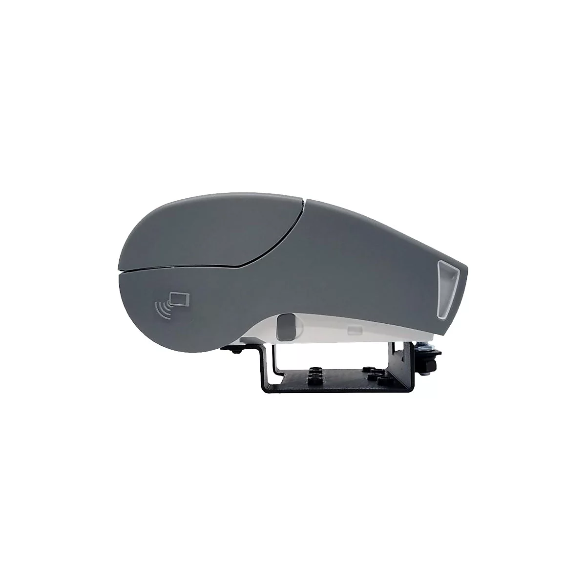 Lecteur de carte gris monté sur un support noir. Symbole de paiement sans contact.