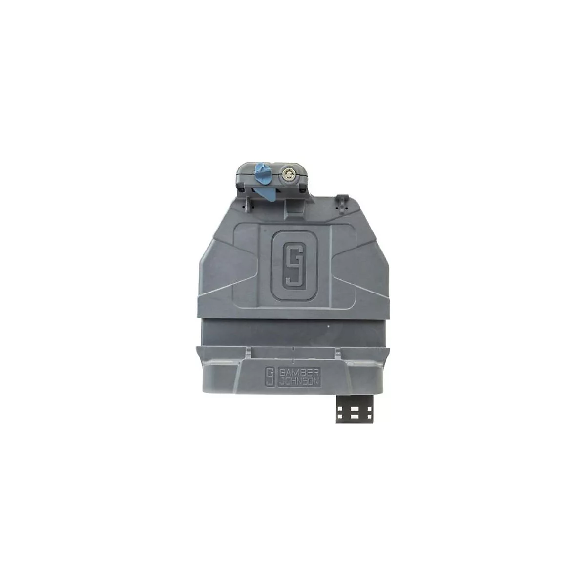 Support gris pour appareils électroniques avec logo et inscriptions.