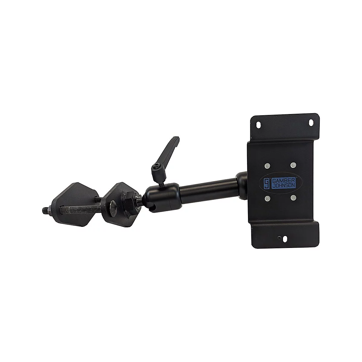 Schwarze, metallische Halterung. Auf einer Seite steht "Gamber Johnson".