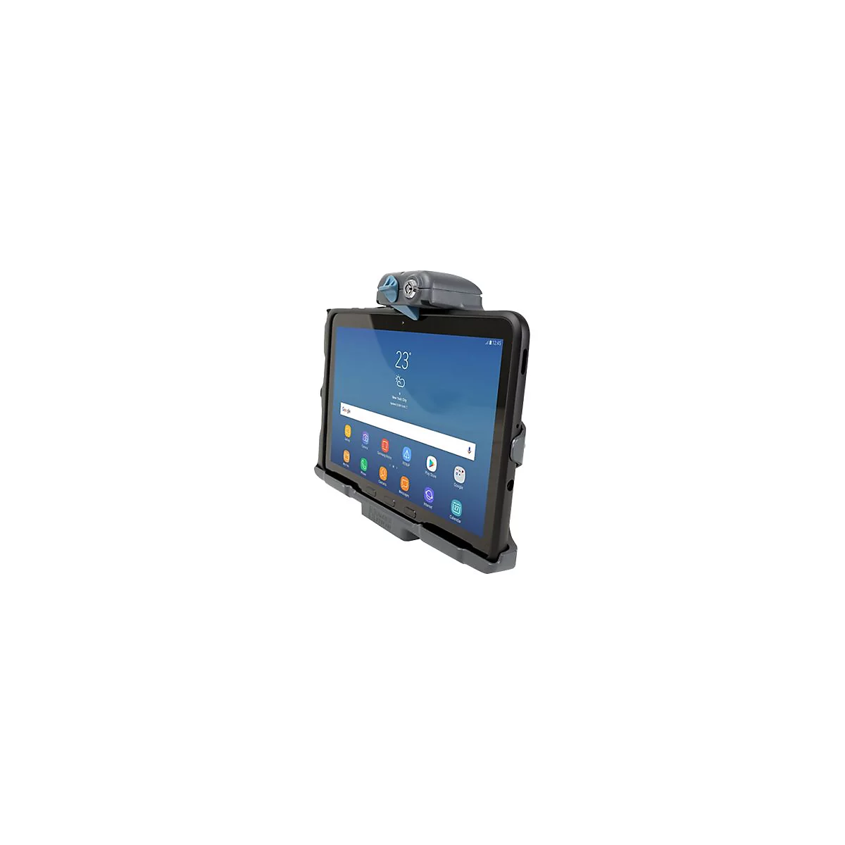 Tablet in Halterung, graues Gehäuse, Wetteranzeige 23 Grad, Google, Apps.