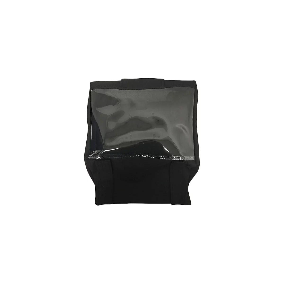 Schwarze Schutzhülle mit durchsichtigem Fenster.