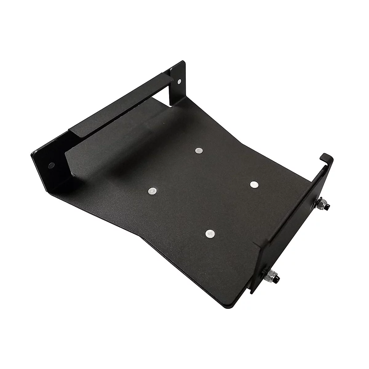 Schwarzer Metallhalter mit Löchern und Schrauben, vor weißem Hintergrund. Winkelige Form.