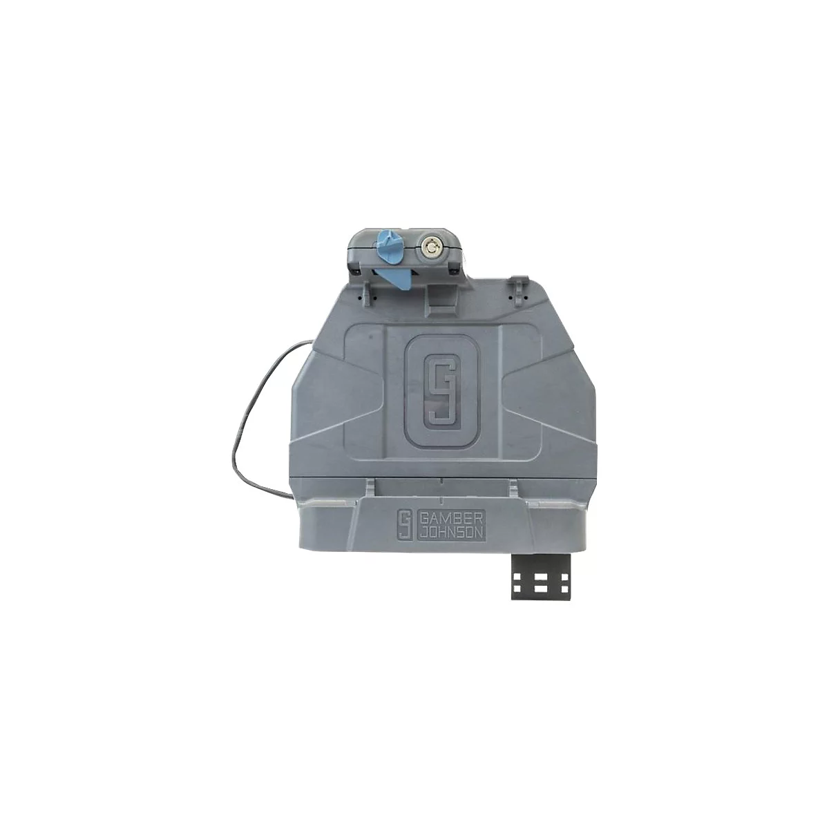 Grauer, eckiger Apparat mit blauer Lasche und 'Gamber Johnson'-Schriftzug.