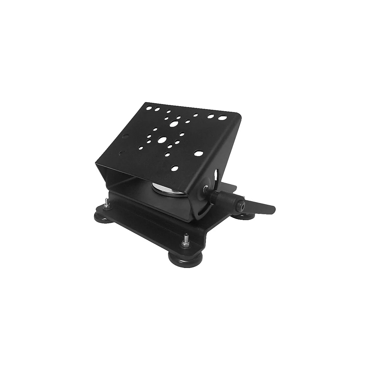 Schwarze Halterung mit verschiedenen Löchern und einem Drehmechanismus. Die Halterung steht auf Füßen.