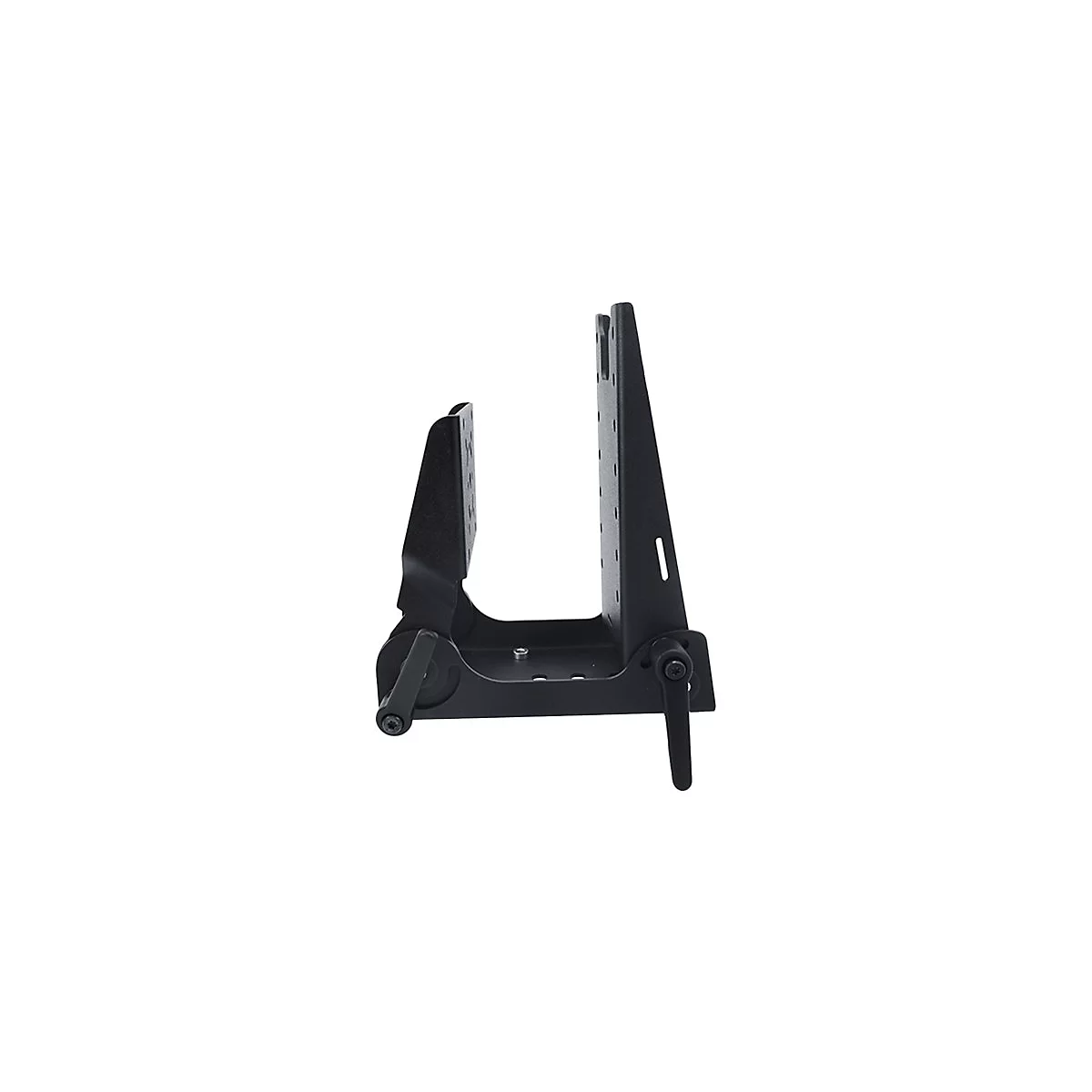 Schwarzer Metall-Halter. Vertikale Platte mit Löchern und Winkel. Einstellbarer Hebel für eine sichere Positionierung.