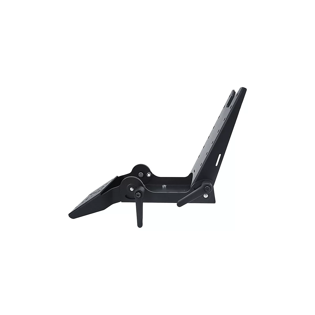 Schwarze, winkelverstellbare Halterung aus Metall. Sie hat mehrere bewegliche Teile und Löcher.
