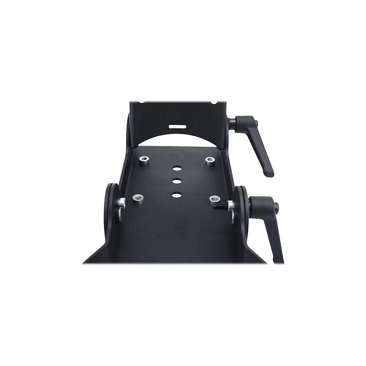 Detailaufnahme einer schwarzen, metallenen Halterung mit Schrauben und Griffen. Der Hintergrund ist weiß.