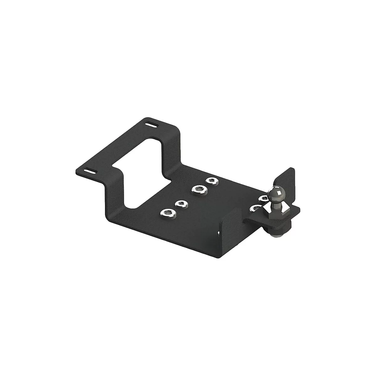 Schwarze Metallhalterung mit Bohrungen und Kugelgelenk für Anhänger. Auf weißem Hintergrund dargestellt.