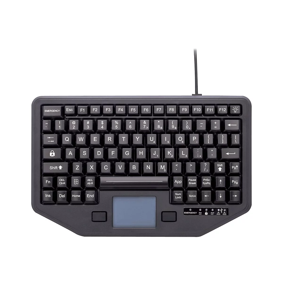 Schwarze, kompakte Tastatur mit Touchpad, Tastenbeschriftungen und Kabel.
