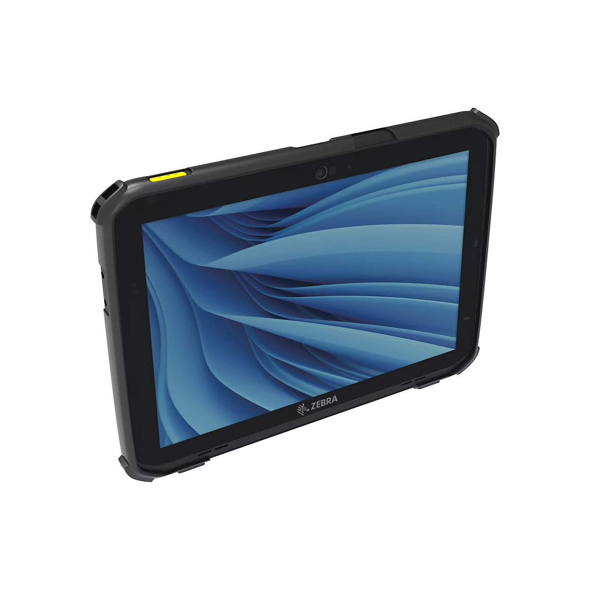 Ein schwarzes Tablet, leicht schräg, mit blauem Hintergrund. Oben gelber Akzent. Zebra Logo unten rechts.
