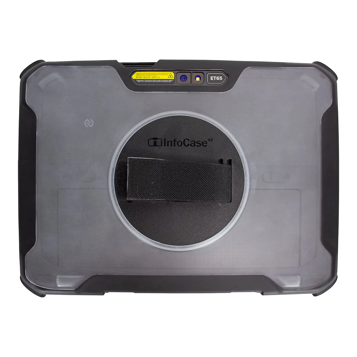 Draufsicht auf ein robustes schwarzes Tablet-Gehäuse. Ein kreisförmiges Element mit einem Gurtband befindet sich in der Mitte.