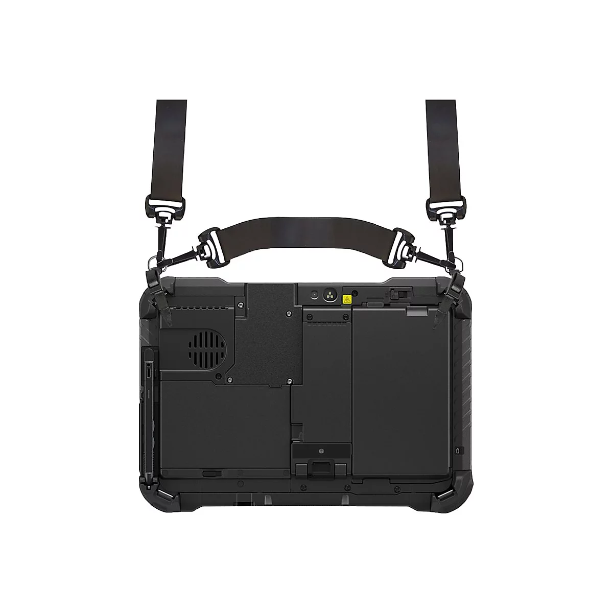 Schwarzes Tablet mit Trageriemen, Blick auf die Rückseite. Rechteckiges Gehäuse mit Lüftungsschlitzen und Anschlüssen.