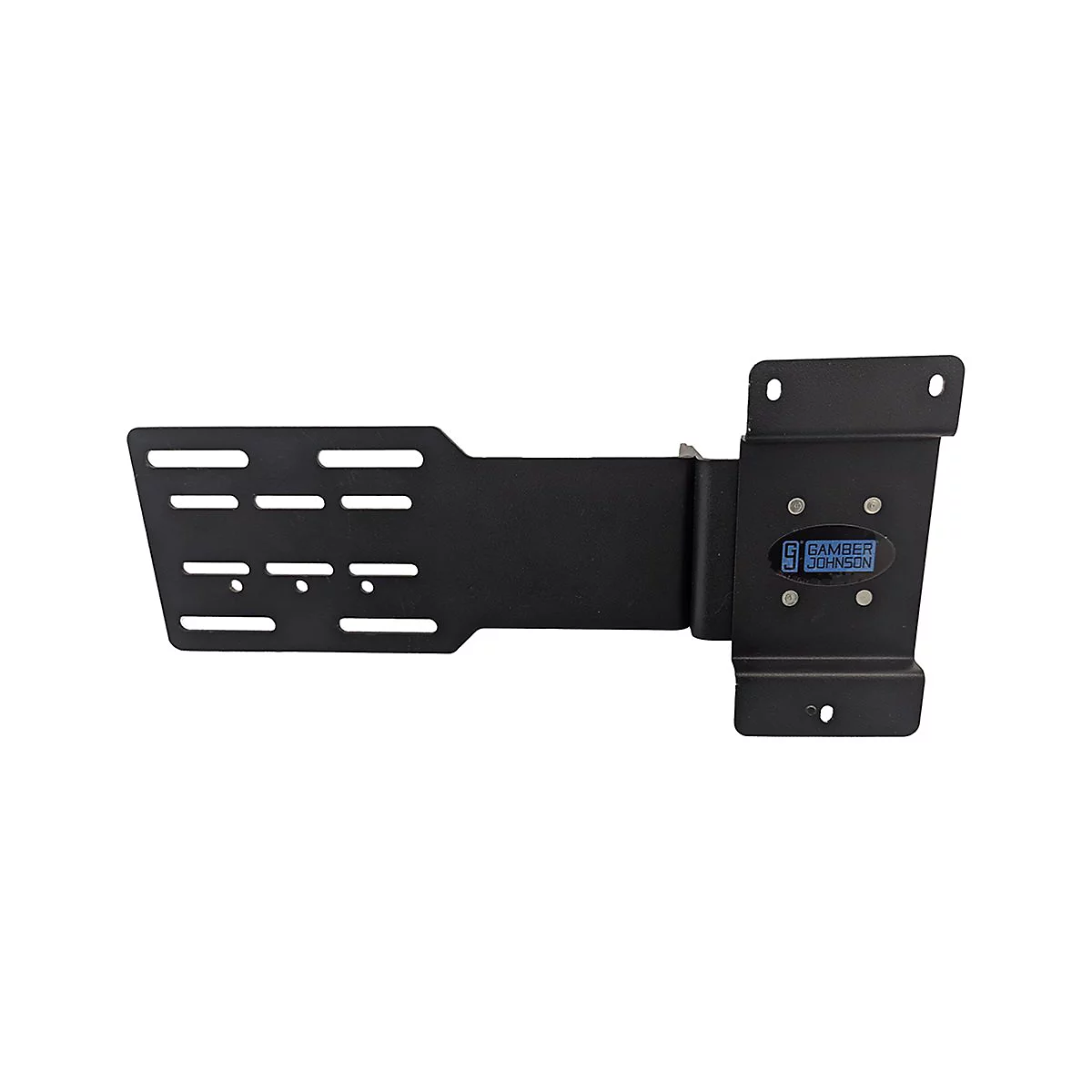 Support en métal noir avec un design rectangulaire et des trous, logo de la marque visible.