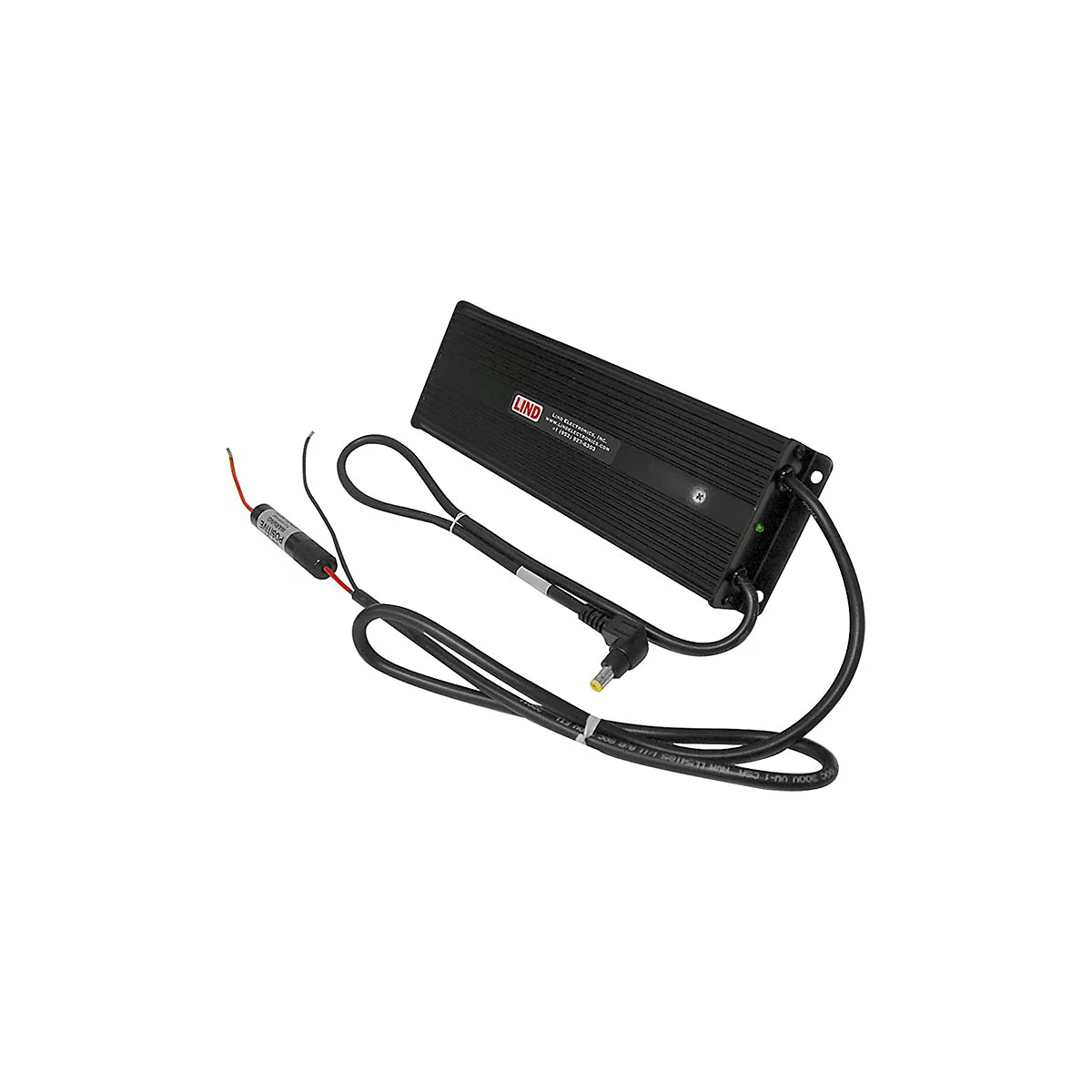 Schwarzes Lind Electronics Netzteil mit Kabel, abgewinkeltem Stecker und Sicherung vor weißem Hintergrund.